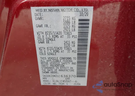 2020 Nissan Pathfinder Platinum 4Wd z USA, uszkodzony, nr VIN 5N1DR2DM2LC636370